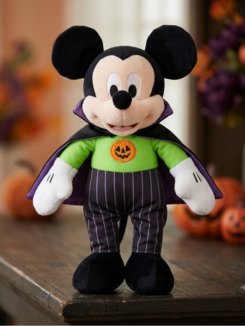 Disney Store Halloween Vampire Mickey Mouse Plush Pumpkin Cape Pinstripe 12.5”